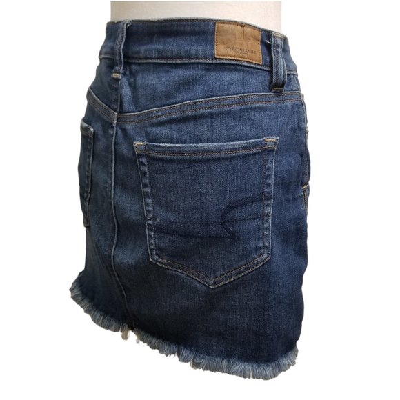 American Eagle Outfitters Hi-Rise Mini Skirt Blue Zipper Sides Frayed Hem Size 4 - Picture 4 of 16